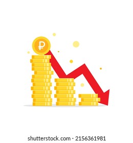 golden russian ruble coins stack and down arrow. Flat vector icon isolated on white. Economy, finance, money symbol. Currency pictogram. Vector illustration. decrease, fall symbol.