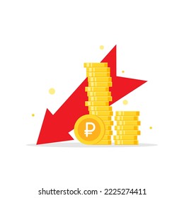 golden russian ruble coins stack and down arrow. Flat vector icon isolated on white. Economy, finance, money symbol. Currency pictogram. Vector illustration. decrease, fall symbol.