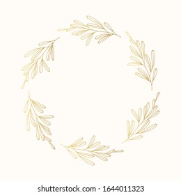 Marco rústico dorado para la tarjeta de boda. Correa de hierbas florales de oro. Borde de de ramas florido del muelle aislado del vector.