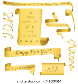 Golden or rusty flat scroll, wide ribbons, parchment, papyrus, old paper. Decoration for Christmas, New Year banner, invitation, greeting card. Vector illustration on isolated background.