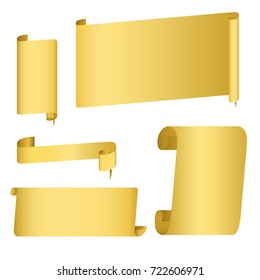 Golden or rusty gradient scroll, wide ribbons, parchment, papyrus, old paper. Decoration for banner, invitation, greeting card. Vector illustration on isolated background.