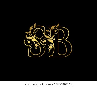 Golden S, B and SB Letter Classy Floral Logo Icon,  Vintage Design.