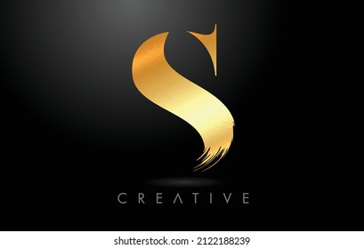 Golden S Brush Letter Logo with Gold Foil Texture Look. Artistic S Elegant Golden Style Logo Vector with Serif Font and Minimalist Brush Stroke Vector.