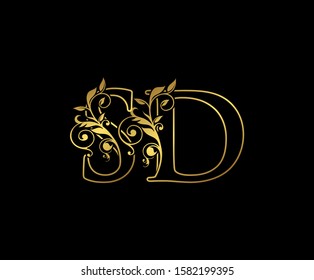 Golden S, D and SD Letter Classy Floral Logo Icon,  Vintage Design.