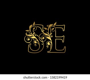 Golden S, E and SE Letter Classy Floral Logo Icon,  Vintage Design.