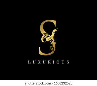 Golden S Floral Logo Icon, Vintage Gold S Letter Logo Design.