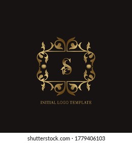 Golden S Initial logo. Frame emblem ampersand deco ornament monogram luxury logo template for wedding or more luxuries identity