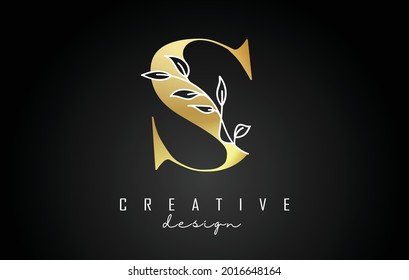 Golden S letter logo design with white leaves branch vector illustration. Creative and elegant icon with letter S.