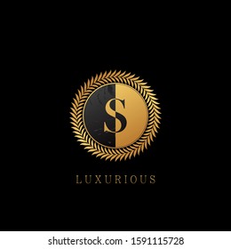 Golden S letter Logo Luxurious Nature Leaves, elegant vector design concept circle floral leaves with letter logo.