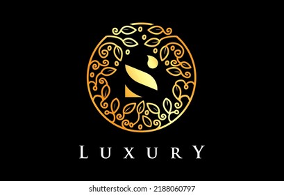 Golden S Letter Logo Luxury. Green Beauty Cosmetics Logo Monogram.