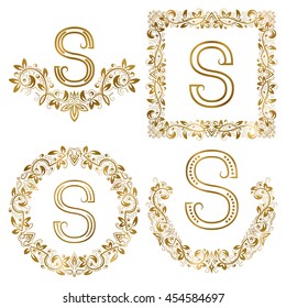 Golden S letter ornamental monograms set. Heraldic symbols in wreaths, square and round frames.
