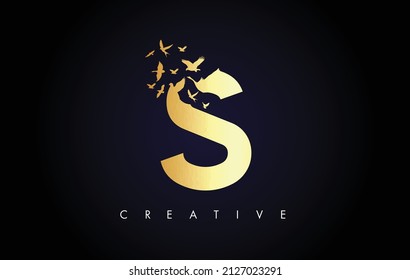 Golden S Logo Letter with Flying Flock of Birds Disintegrating from the Letter. S Gold Texture Letter with Bird Fly Letter Icon.