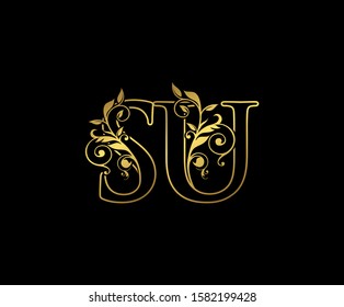 Golden S, U and SU Letter Classy Floral Logo Icon,  Vintage Design.