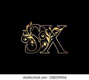 Golden S, X and SX Letter Classy Floral Logo Icon,  Vintage Design.