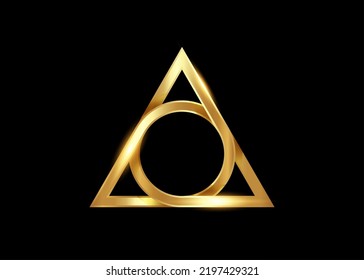 golden sacred geometrical figure of a circle inscribed in a triangle, the gold vector logo design mythological symbol round triangle, magical talisman isolated on black background 