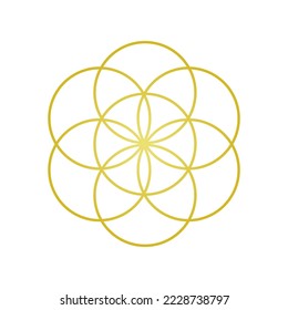 Golden sacred geometry. Seed of life. Mandala, meditation, decoration. Banner, brochure, poster, card. Vector illustration