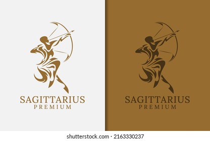 Golden Sagittarius Silhouette Logo Design with Abstract Elegant Concept.
