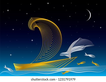 Golden Sailing Boat With Dolphin.