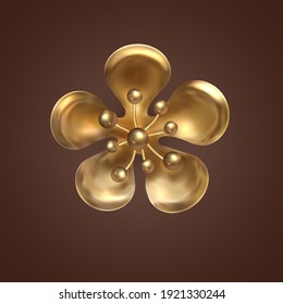 Golden sakura flower. Gold decoration. Decorative design element of gold metal jewelry, solated flower of Japanese cherry on brown background. 3d Vector Illustration