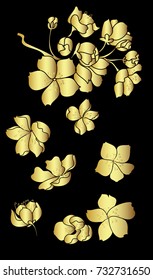 Golden Sakura vector on black background.cherry brossom.Traditional Japanese culture for printing and coloring book on background.