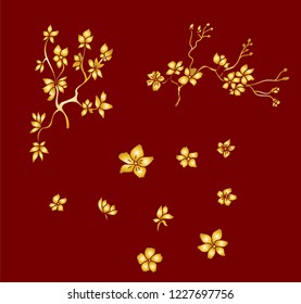Golden sakura vector on red background.