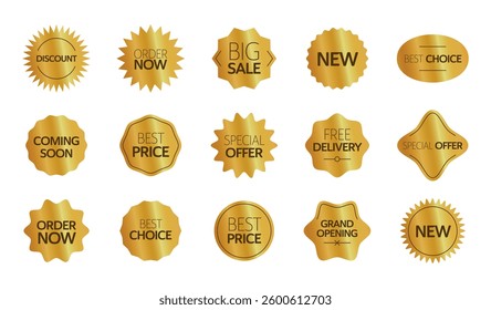 Golden sale labels set, shiny promotional badges, discount, best price, order now, special offer, free delivery, new arrival, grand opening, vector illustration.