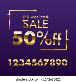 Golden Sale sign template. Vector golden This weekend Sale text with numbers for discount offer isolated on purple background.