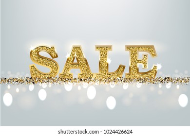 Golden Sale sign. Vector luxury golden sale word on light blue background.