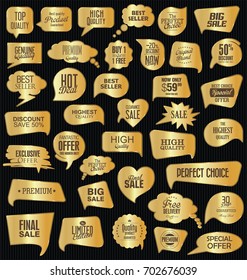 Golden sale speech bubbles on black background collection