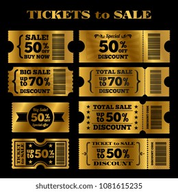Golden sale tickets vector set. Vector tickets to sale isolated on black background illustration