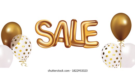 golden sale word metallic with balloon decorate background 