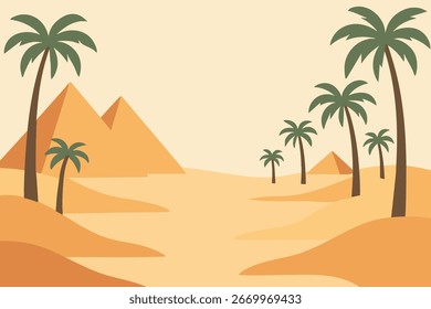 Eine Szene mit goldenem Sand zeigt entfernte Pyramiden und verstreute Palmen mit sanften Dünen und Himmel, die eine ruhige Kulisse bilden.