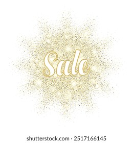 Golden sand splash vector Sale label. Gold glitter sale background for poster. Abstract discount banner with text on white background