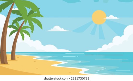 Golden sandy beach features tall green palm trees overlooking a calm turquoise ocean under a bright sun.
