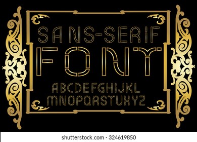 Golden sans-serif modern font on gold vintage frame background. Vector illustration