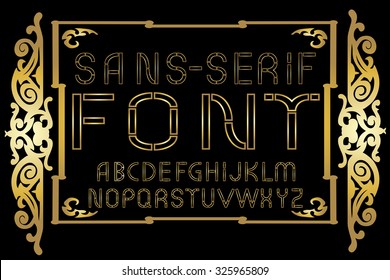 Golden sans-serif modern font on gold vintage frame background. Vector illustration