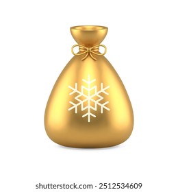 Papá Noel de oro atado saco con regalo de Navidad juguete de lujo 3d icono de Ilustración vectorial realista. Bolso del Premium para la chuchería festiva del invierno del regalo del año Nuevo de la Navidad con el copo de nieve tradicional