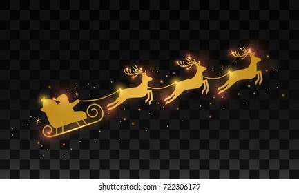 Golden Santa on a sleigh and his deer isolated on a dark transparent background. flat vector illustration