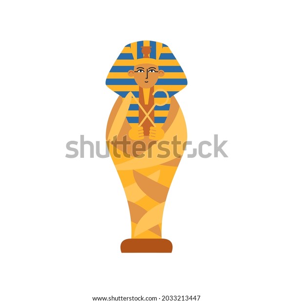 Golden sarcophagus with\
mummy egyptian pharaoh. Cult of dead and ceremonial burial in\
ancient egypt. Flat cartoon vector illustration isolated on\
white.