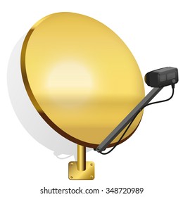 Golden satellite dish to receive signals for television, radio, internet. Isolated vector illustration on white background.