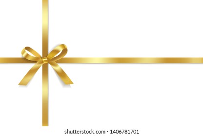 Golden satin bows with horizontal and vertical ribbons isolated on white background. Vector holiday decoration.