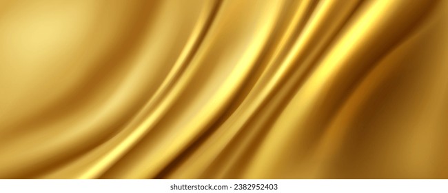 Golden satin cloth background. Vector realistic illustration of yellow silk fabric with smooth shiny texture, luxury soft textile material with wavy surface, curtain with abstract folds, liquid paint