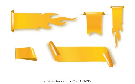 Golden satin ribbon tag. Gold textile label for sale promotion text. Discount and special offer badge. Vector