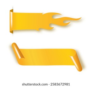 Golden satin ribbon tag. Gold textile label for sale promotion text. Discount and special offer badge. Vector