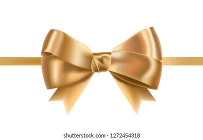 Golden satin ribbons decorated with bow. Posh decorative design element. Beautiful glossy silk decoration for holiday gift package isolated on white background. Colored realistic vector illustration.