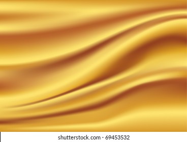 Golden satin, silk, waves. Yellow background, vector illustration