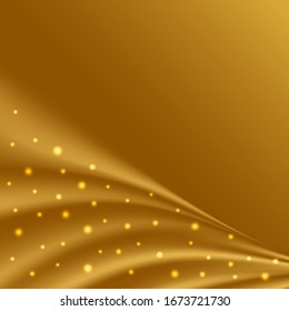 Golden satin waves with glowing sparkles.Gold silk background for luxurious cover or banner design. Vector illustration