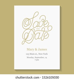 Golden save the date line lettering Wedding invitation drawn by hand. Save the date digitized calligraphy for card design. Minimalistic style. Vector illustration.