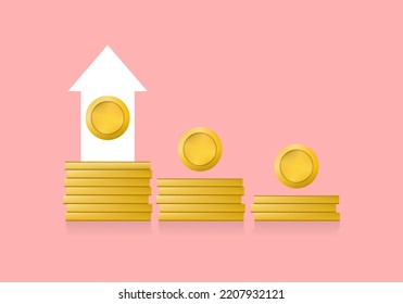 Golden saving money stack coins with white arrow graph glowing on pink background flat vector design.