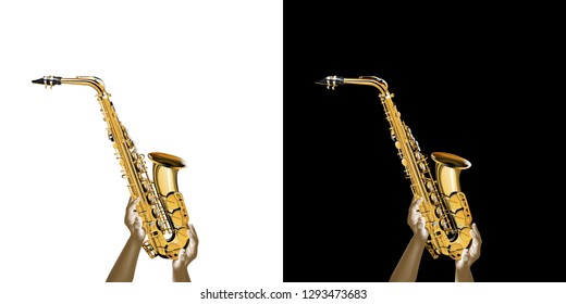 Golden saxophone in the hands. Isolated object on white and black background.